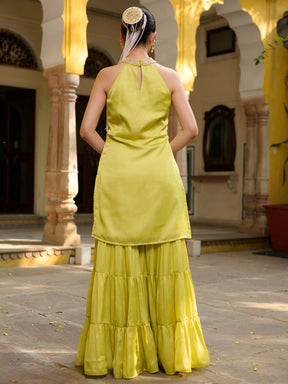 Neon Green Halter Neck Sharara Set
