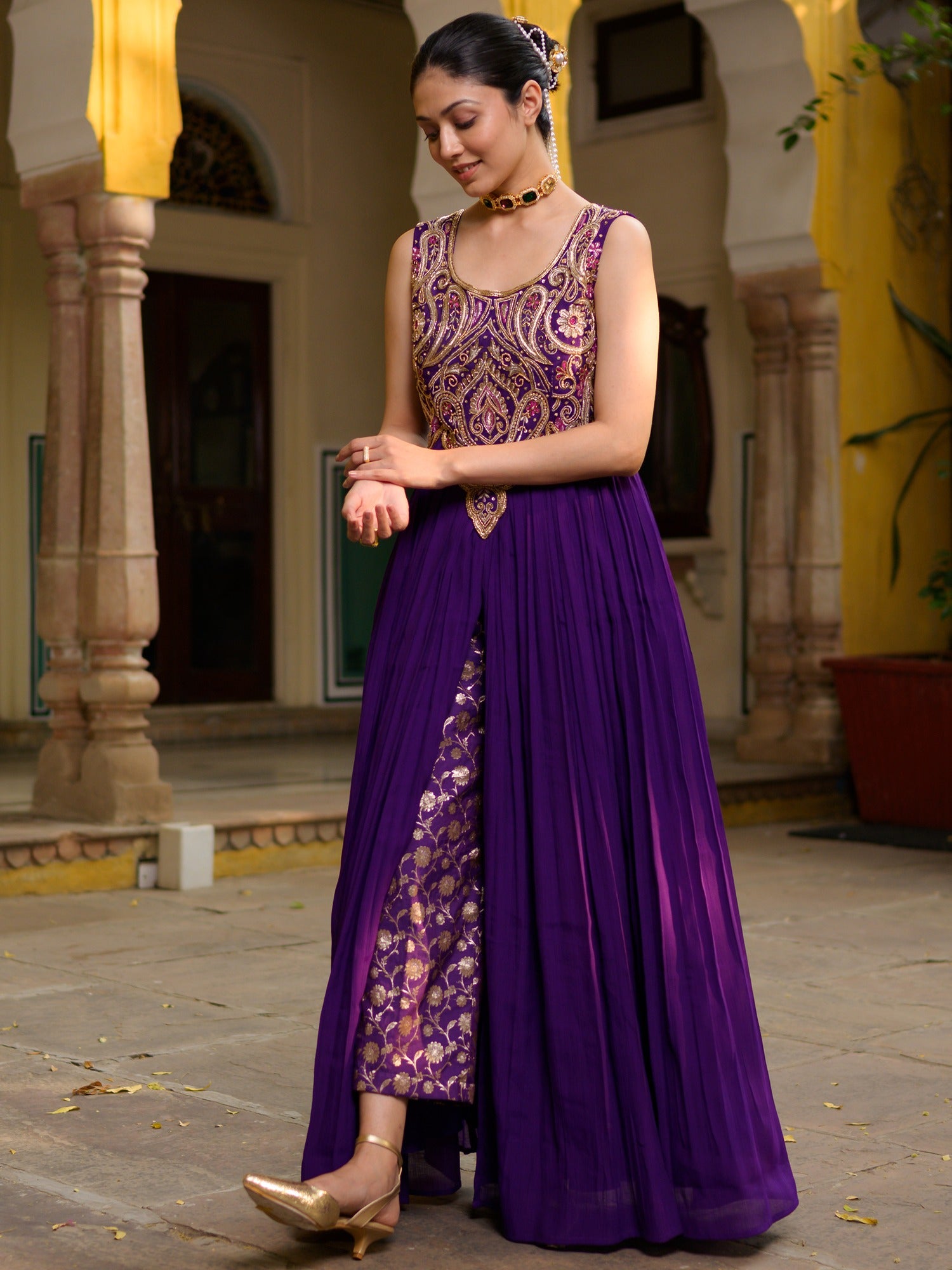 Purple High-Slit Tunic with Brocant Pant