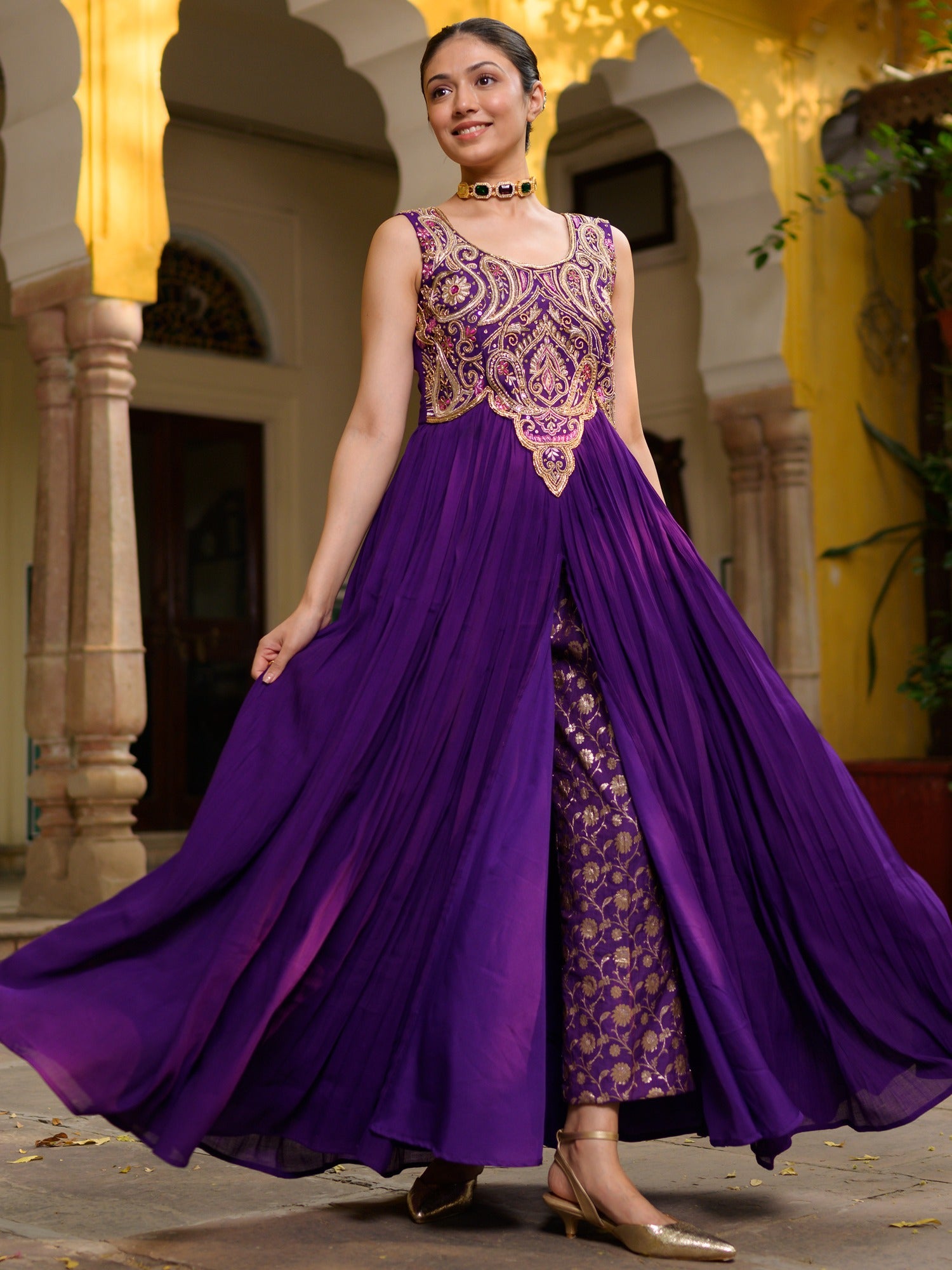 Purple High-Slit Tunic with Brocant Pant