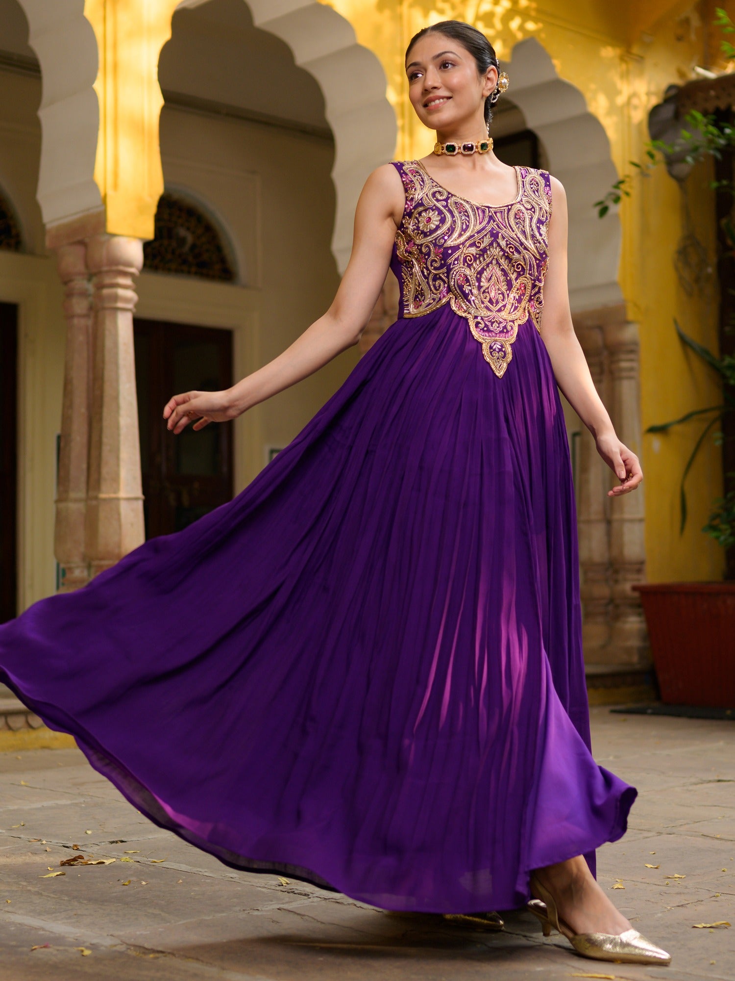 Purple High-Slit Tunic with Brocant Pant