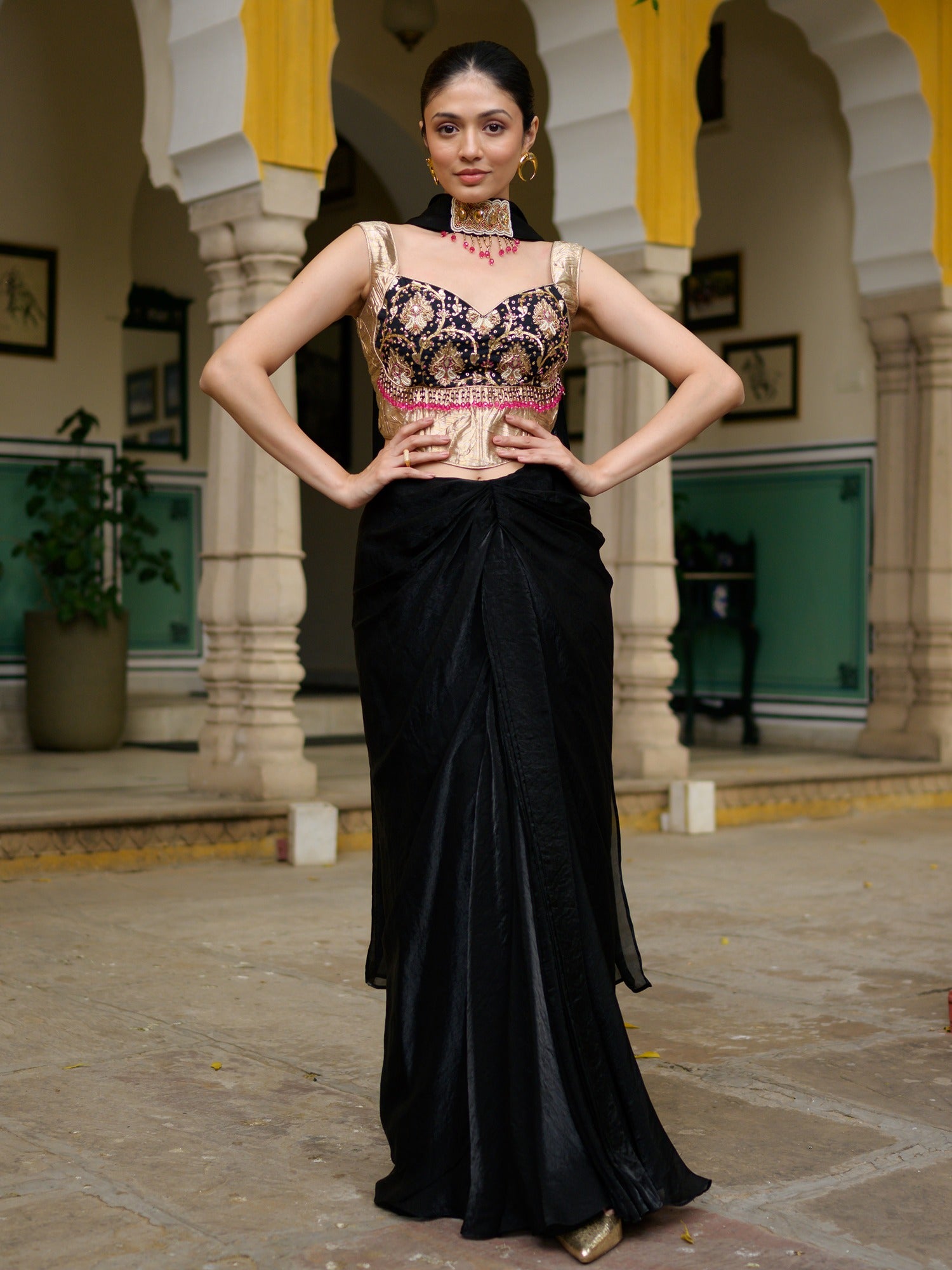 Midnight Black Dhoti with Corset