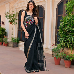 Black Pure Linen Embroidered Saree