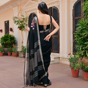Black Pure Linen Embroidered Saree