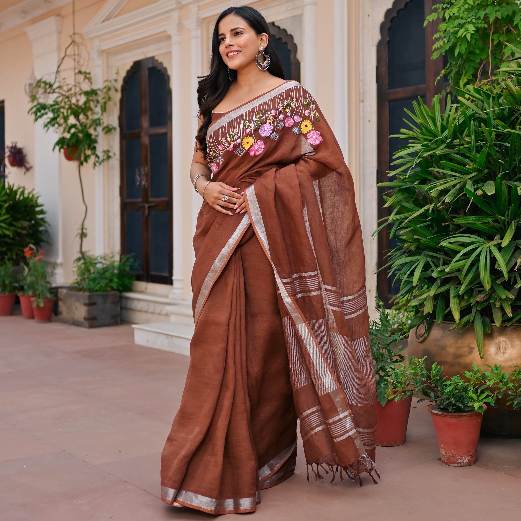 Brown Pure Linen Embroidered Saree
