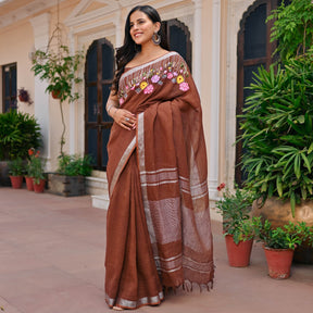 Brown Pure Linen Embroidered Saree