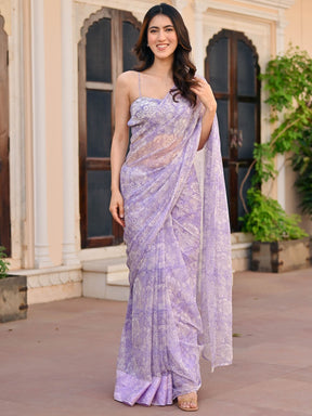 Lavendar Handblock Printed Chiffon Saree