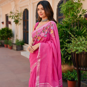 Pink Pure Linen Embroidered Saree