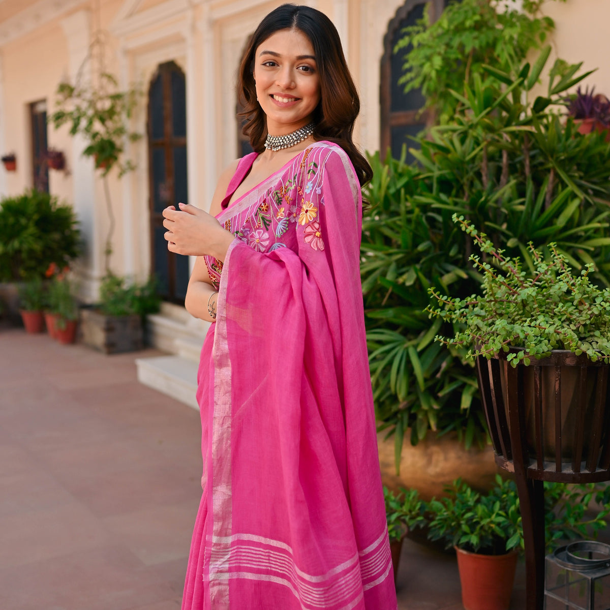 Pink Pure Linen Embroidered Saree