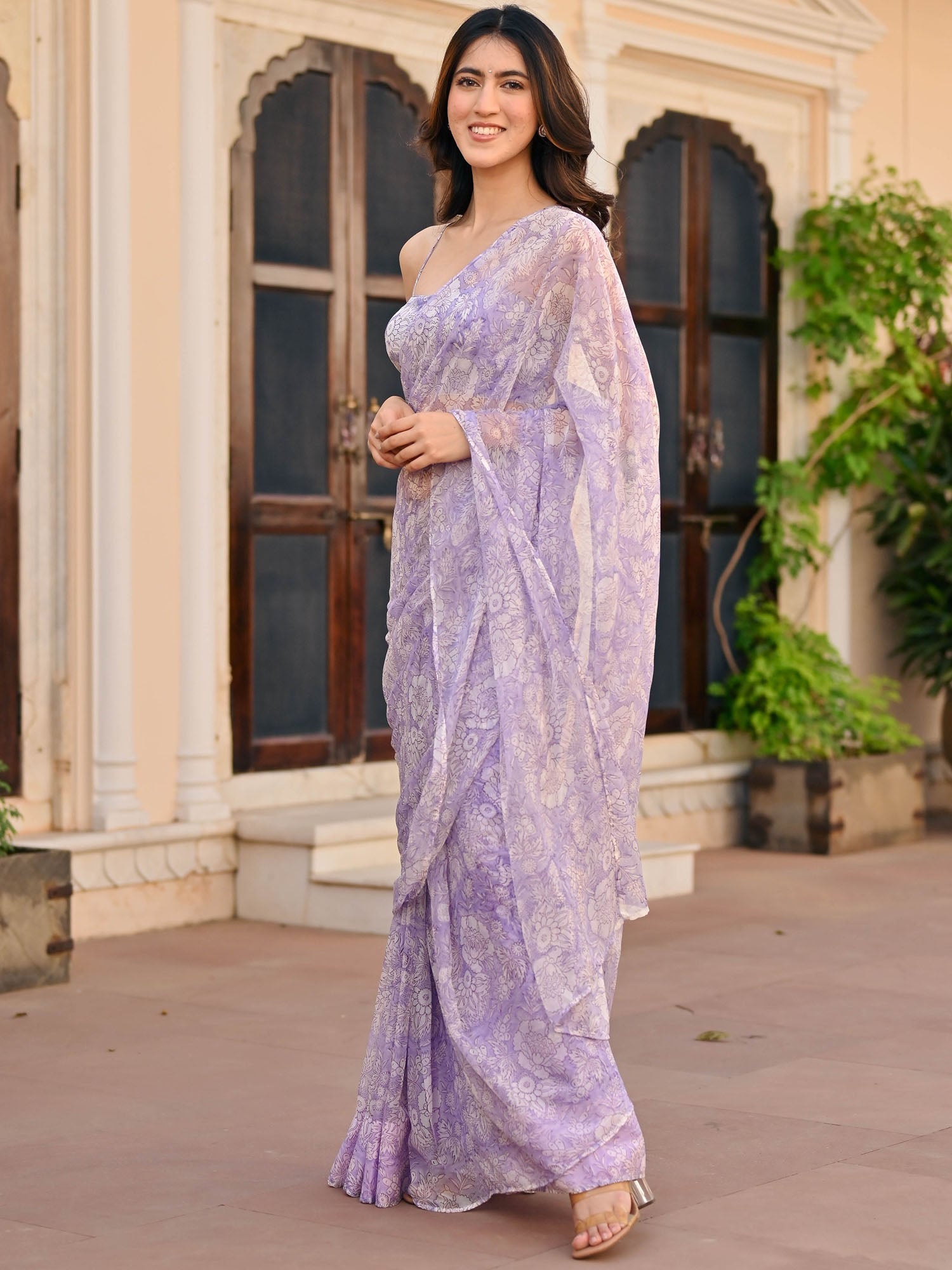 Lavendar Handblock Printed Chiffon Saree