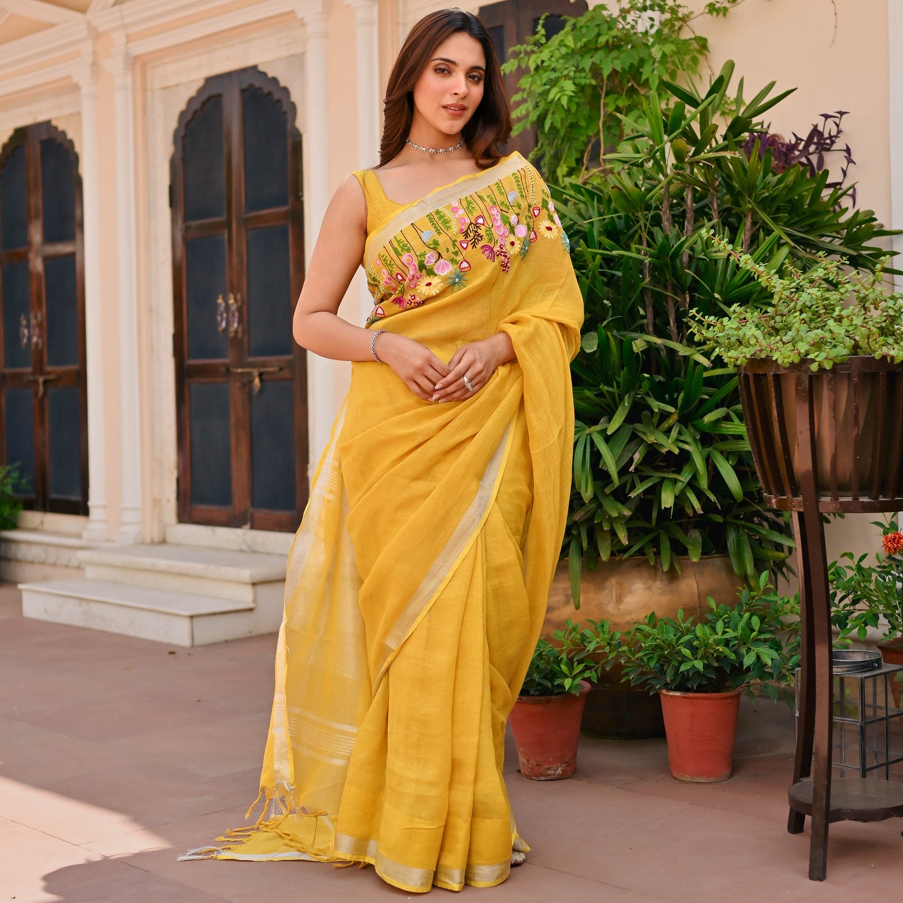 Yellow Pure Linen Embroidered Saree