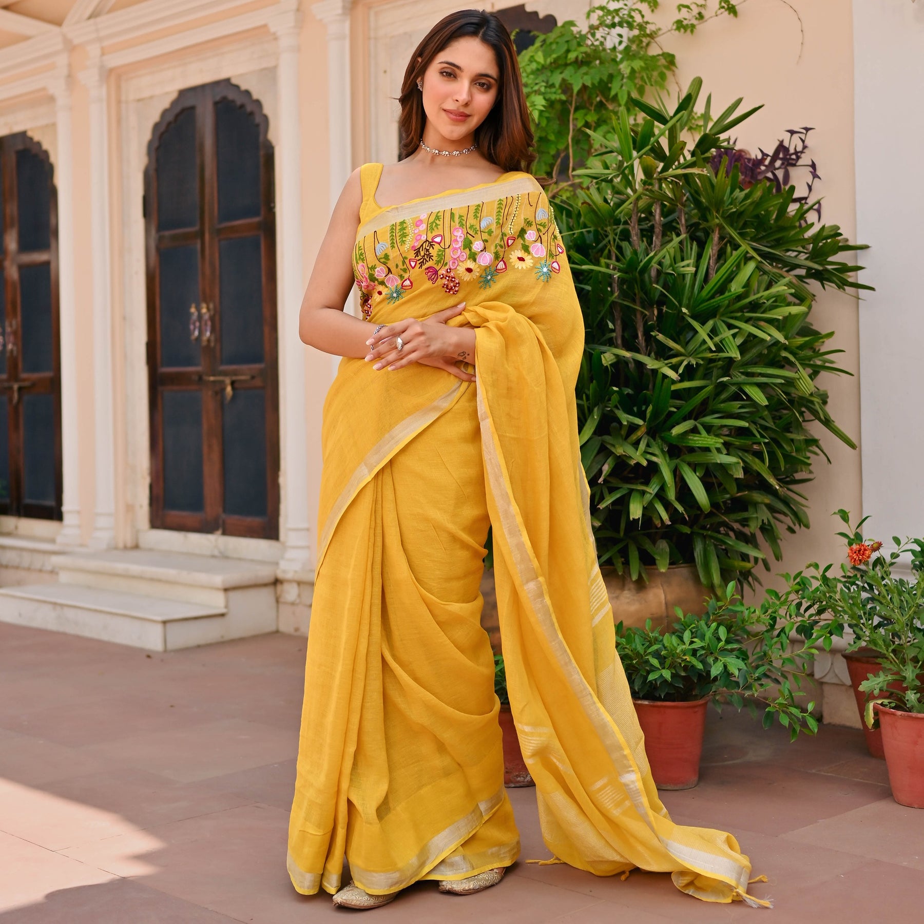 Yellow Pure Linen Embroidered Saree