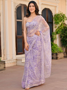 Lavendar Handblock Printed Chiffon Saree