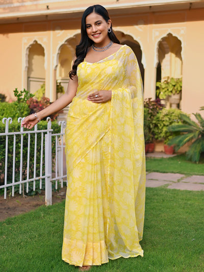 Yellow Handblock Printed Chiffon Saree