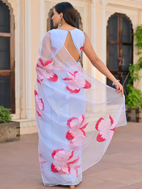 Blue Handpaint Organza Saree