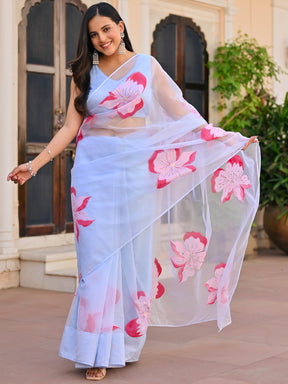 Blue Handpaint Organza Saree