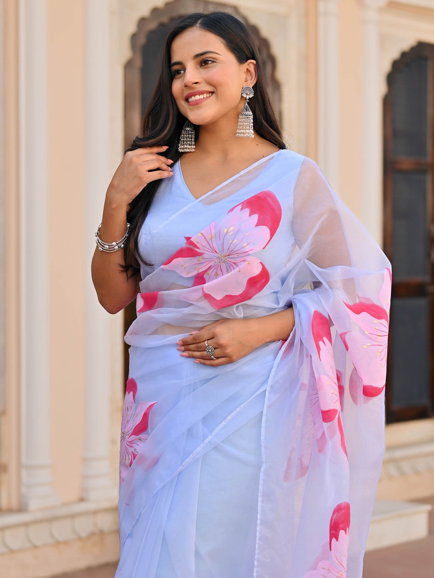 Blue Handpaint Organza Saree