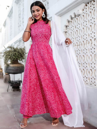 Pink Cotton Bandhej Suit Set