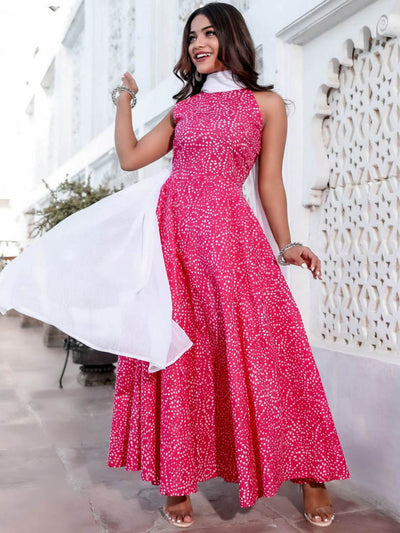 Pink Cotton Bandhej Suit Set