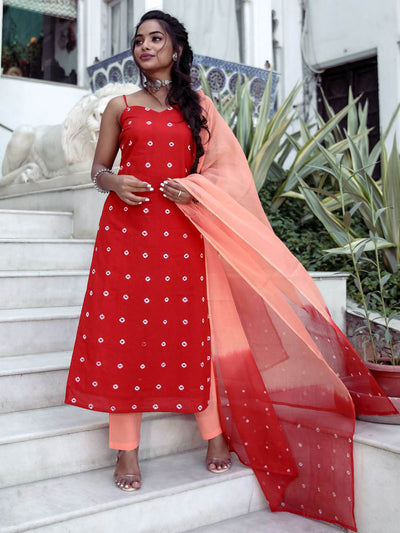 Red Bandhej Kota Doria Dupatta