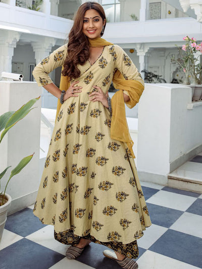Cream Printed Anarkali Suit Set