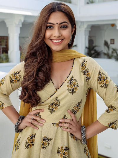 Cream Printed Anarkali Suit Set