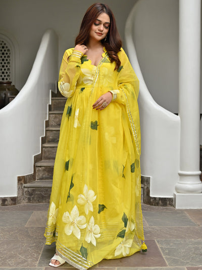 Yellow Handbrush Organza Anarkali Set