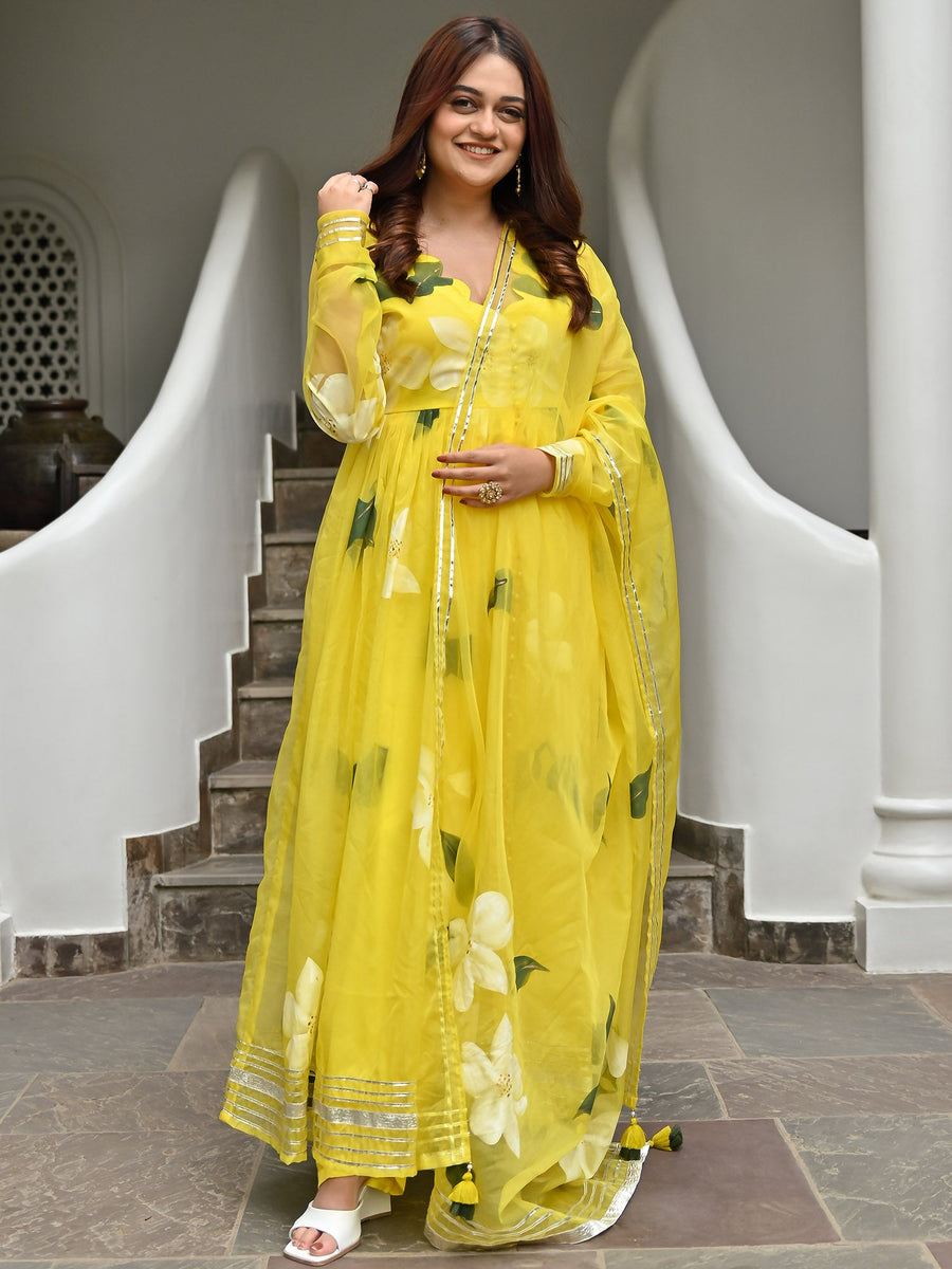 Barsin Organza Yellow Anarkali Kurta Set
