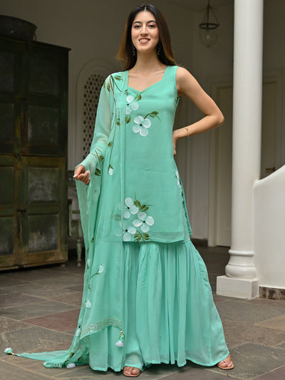 Aqua Green Handbrush Sharara Set