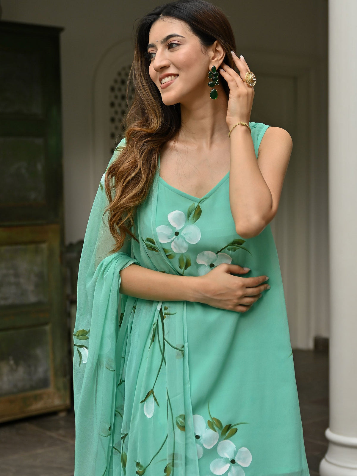 AQUA EMBROIDERED SHARARA SET