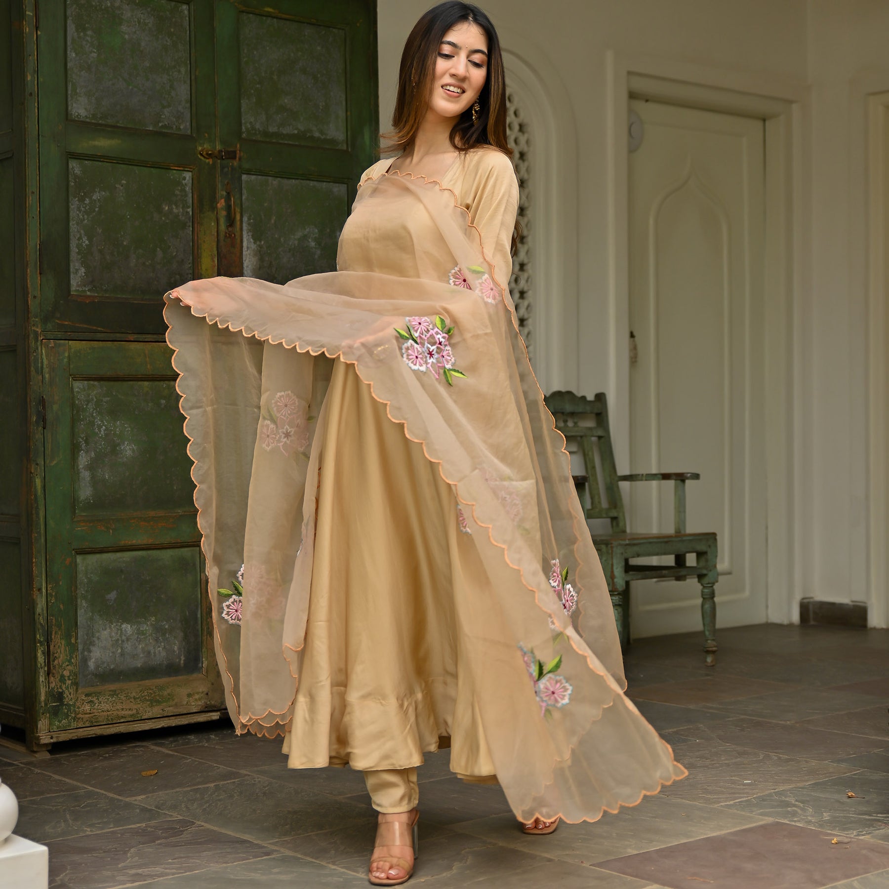 Shop Beige Net Embroidered Sequins Anarkali Suit Party Wear Online at Best  Price | Cbazaar