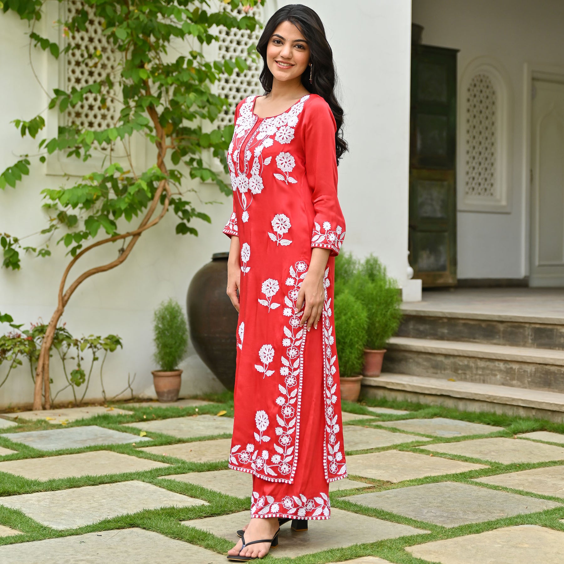 Indian Readymade Cotton Kurta and Pant Set for Ladies, Red Kurta and White  Pant Set for Women, Chikankari Net Embroidery Kurti and Pant - Etsy