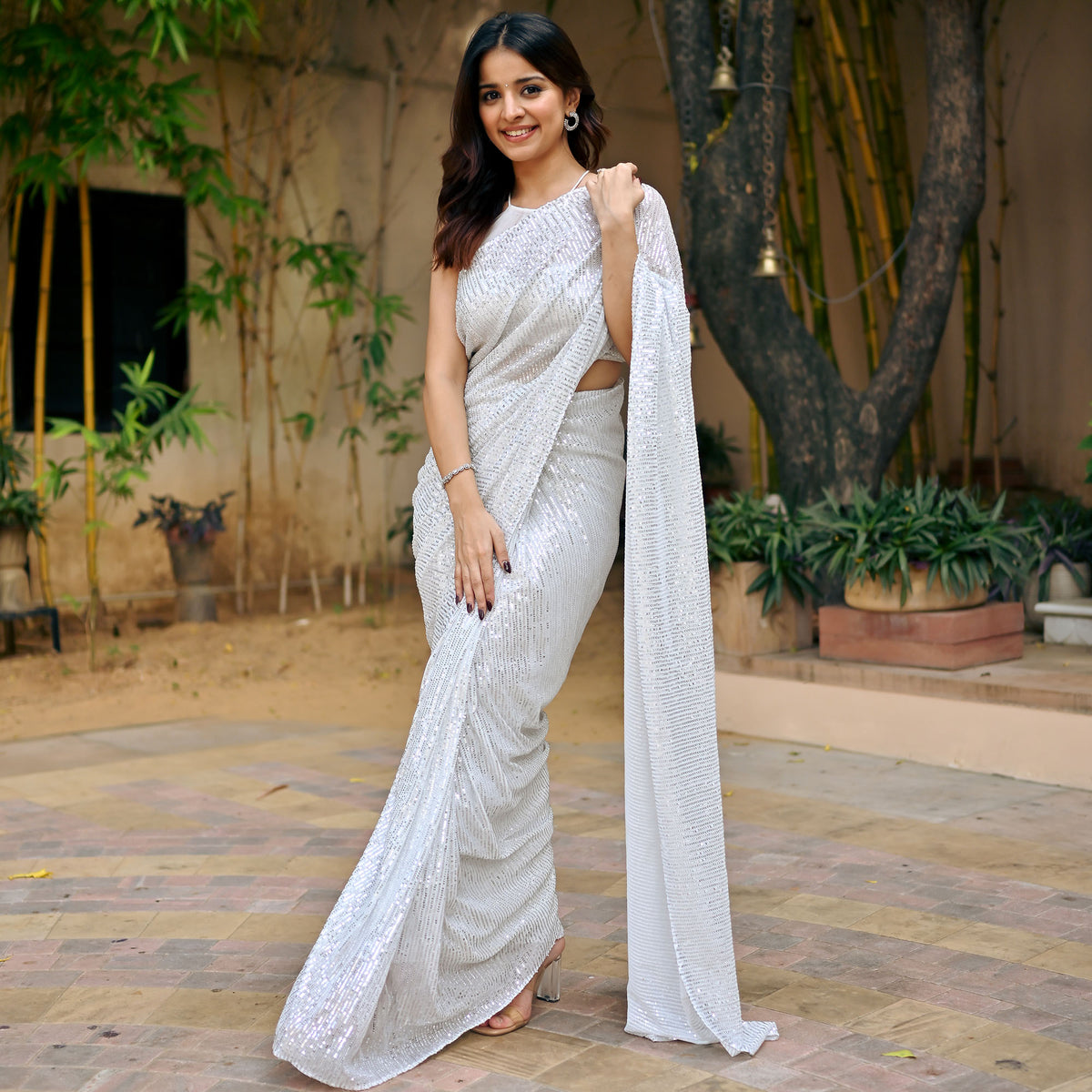 Buy White Georgette And Net Embellishment Nalki & Stone Round Saree Gown  For Women by Jade By Ashima Online at Aza Fashions.