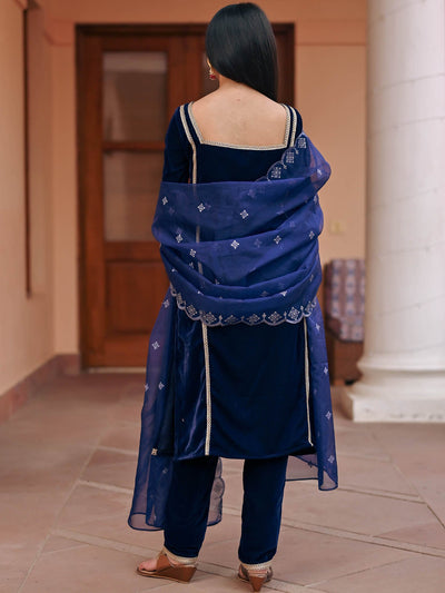 Blue Handwork Velvet Kurta Set
