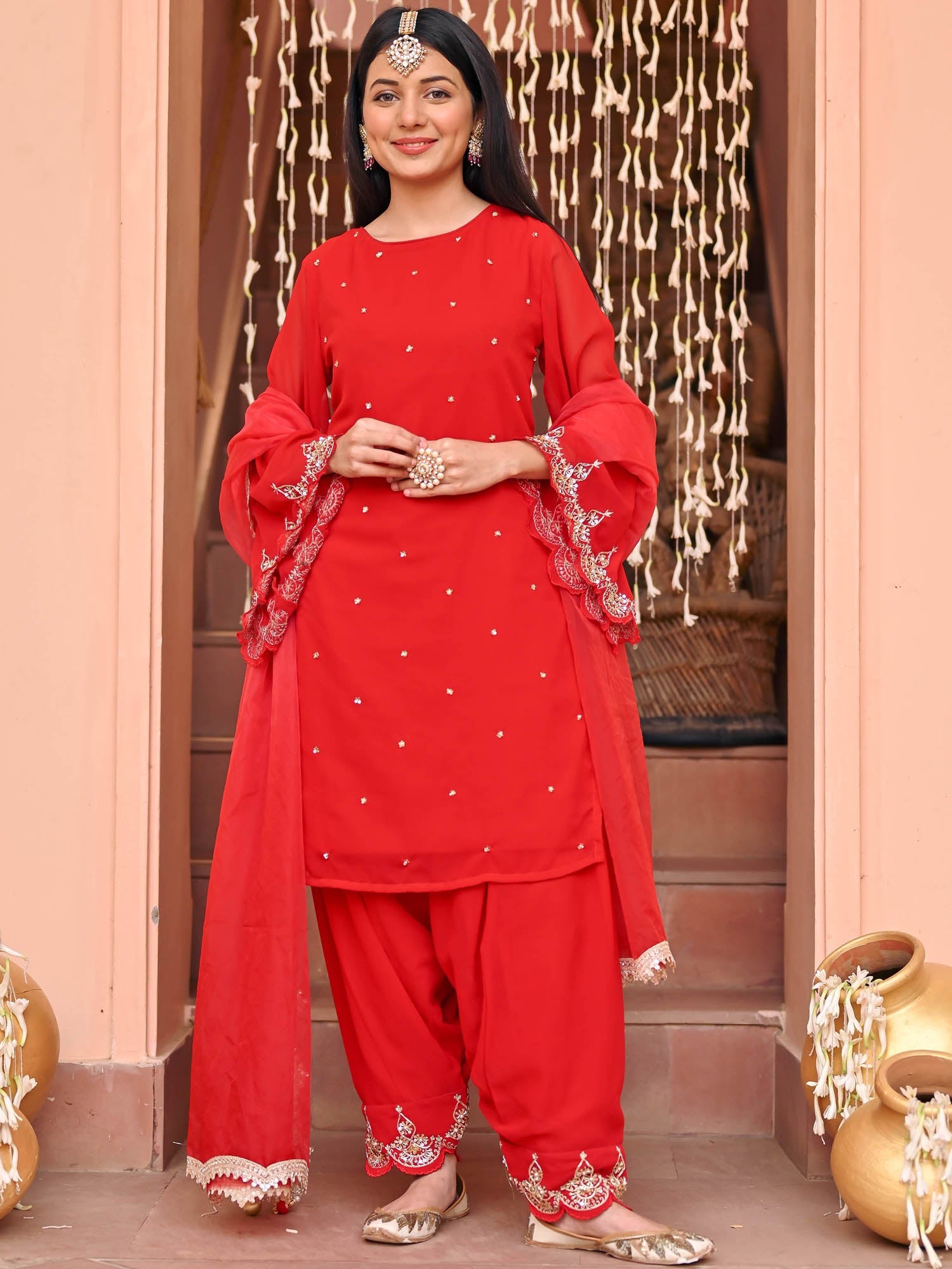 red patiala dress Red Color Embroidered Work Party Wear Patiala Suit With Dupatta - XOMANTIC FASHION
