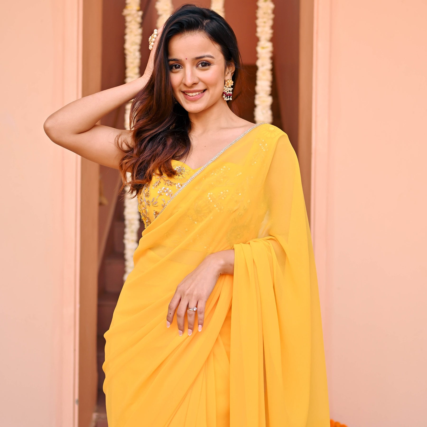 Yellow Georgette Ready to wear  Saree