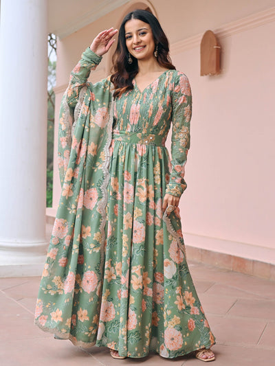 Green Printed Anarkali Set