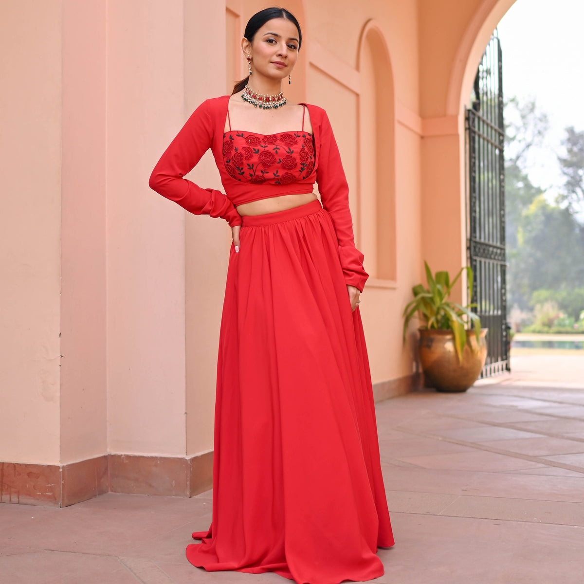 Red Embroidered Georgette Skirt Set