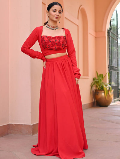 Red Embroidered Georgette Skirt Set