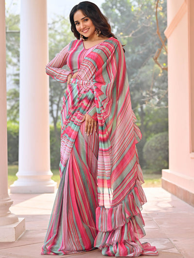 Green Stripes Pre Draped Saree