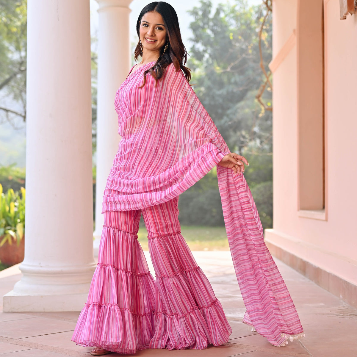 Pink Stripes Sharara Saree