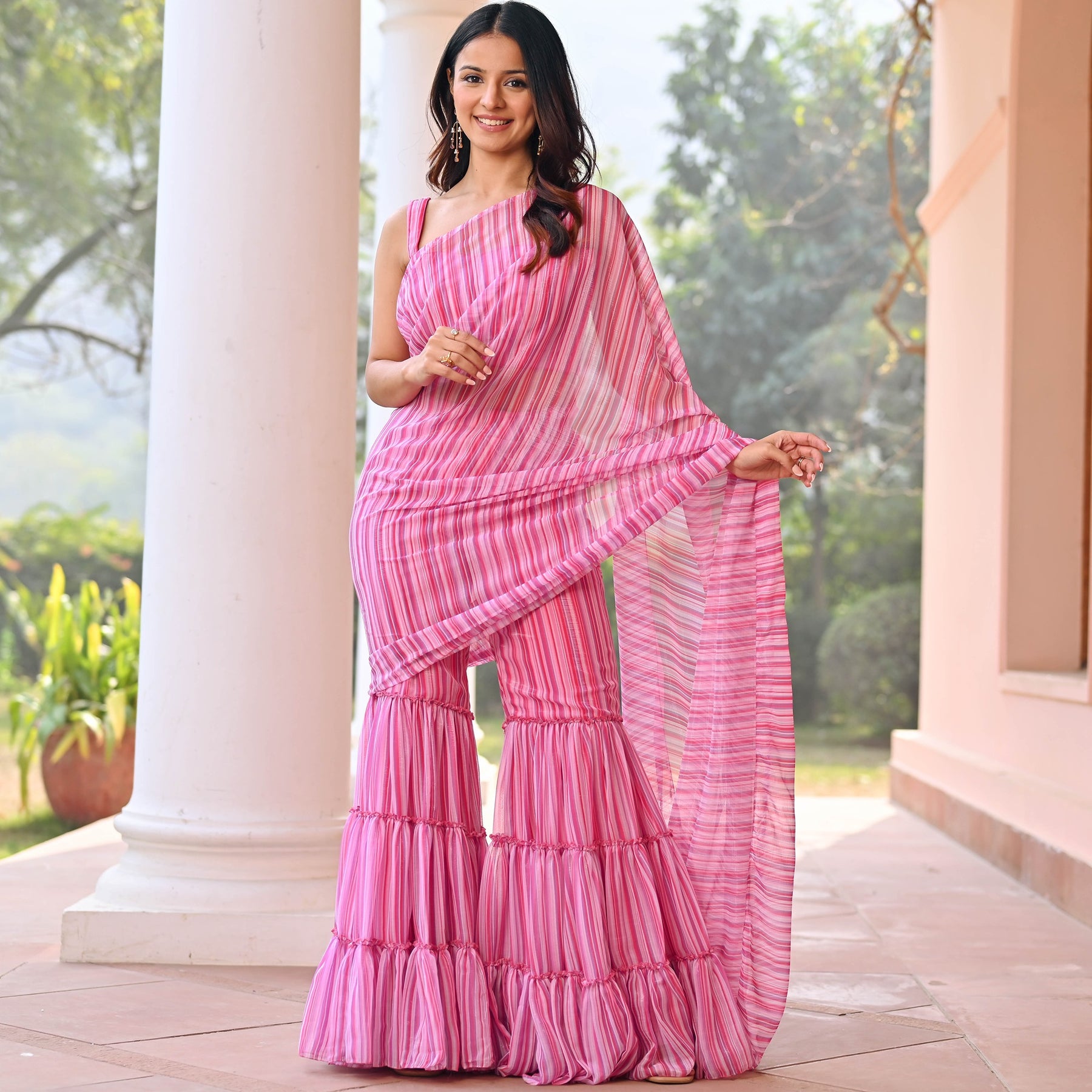 Pink Stripes Sharara Saree