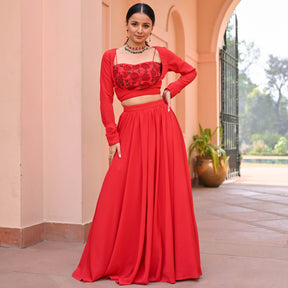 Red Embroidered Georgette Skirt Set