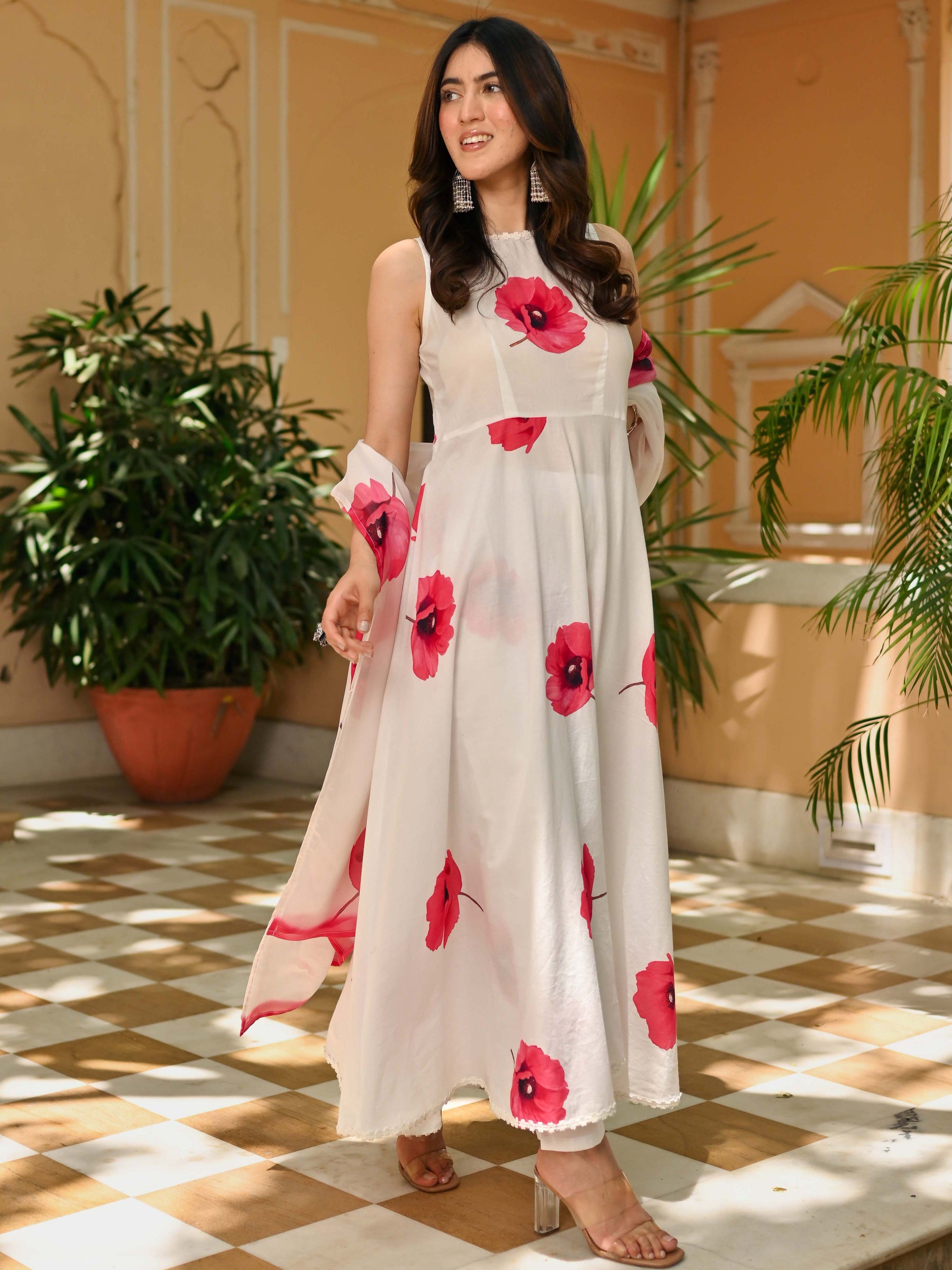 White Pink Floral Print Anarkali Set