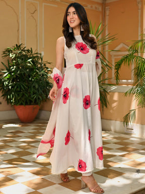 White Pink Floral Print Anarkali Set