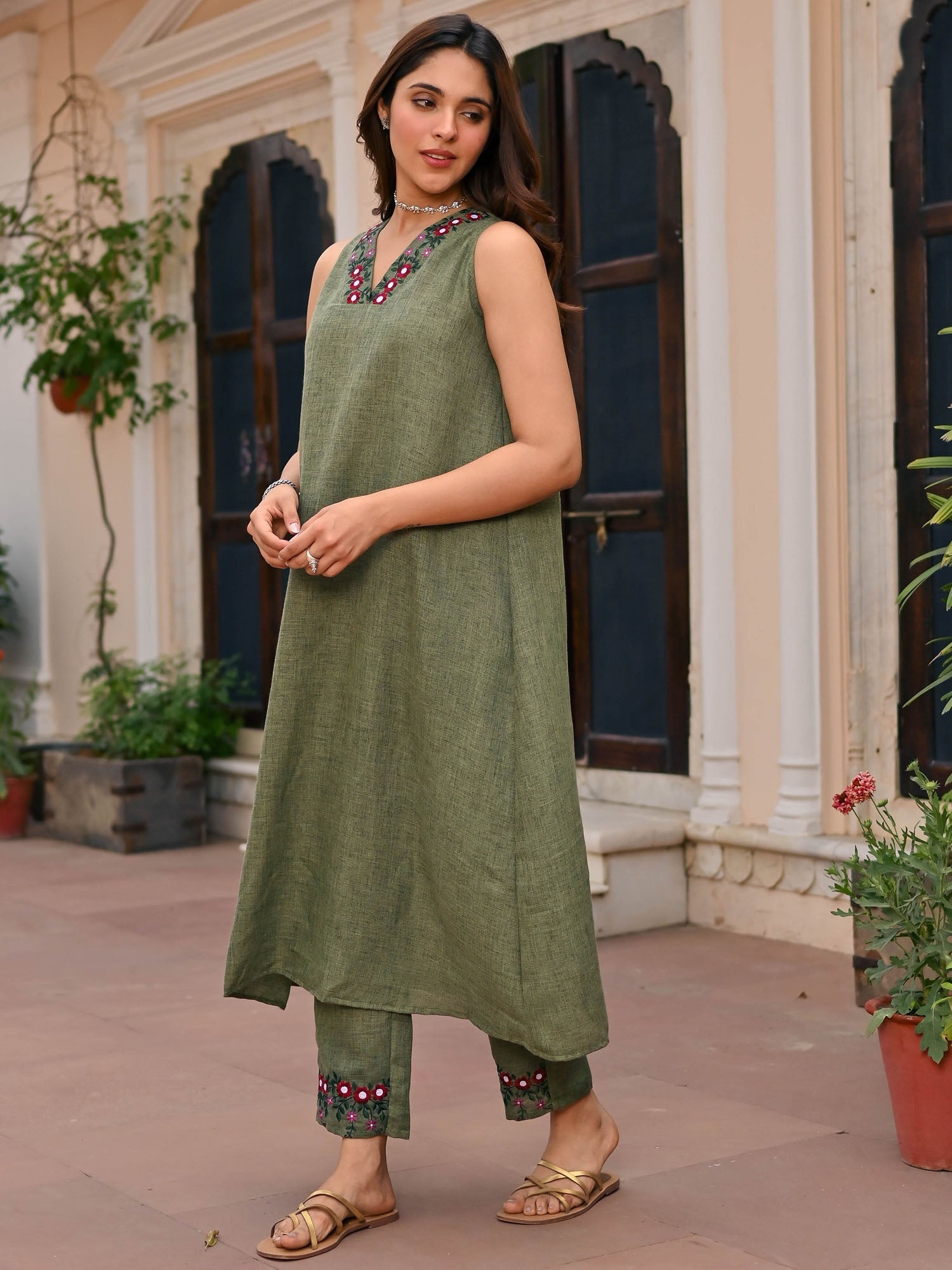 Green Cotton Embroidered Kurta Set