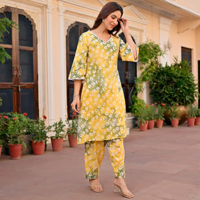 Yellow Printed Cotton Kurta Set