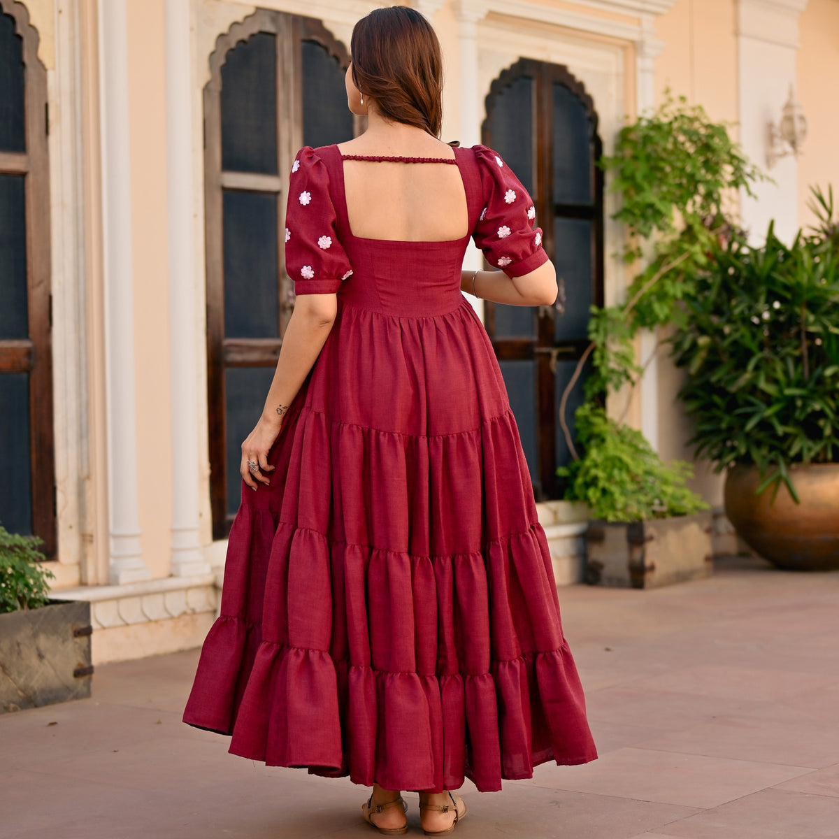 Maroon Floral Embroidery Dress