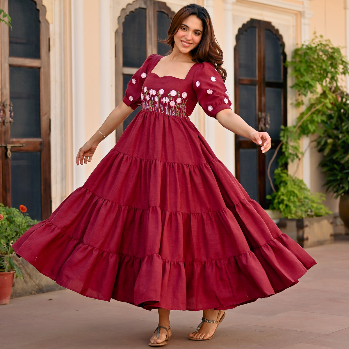 Maroon Floral Embroidery Dress