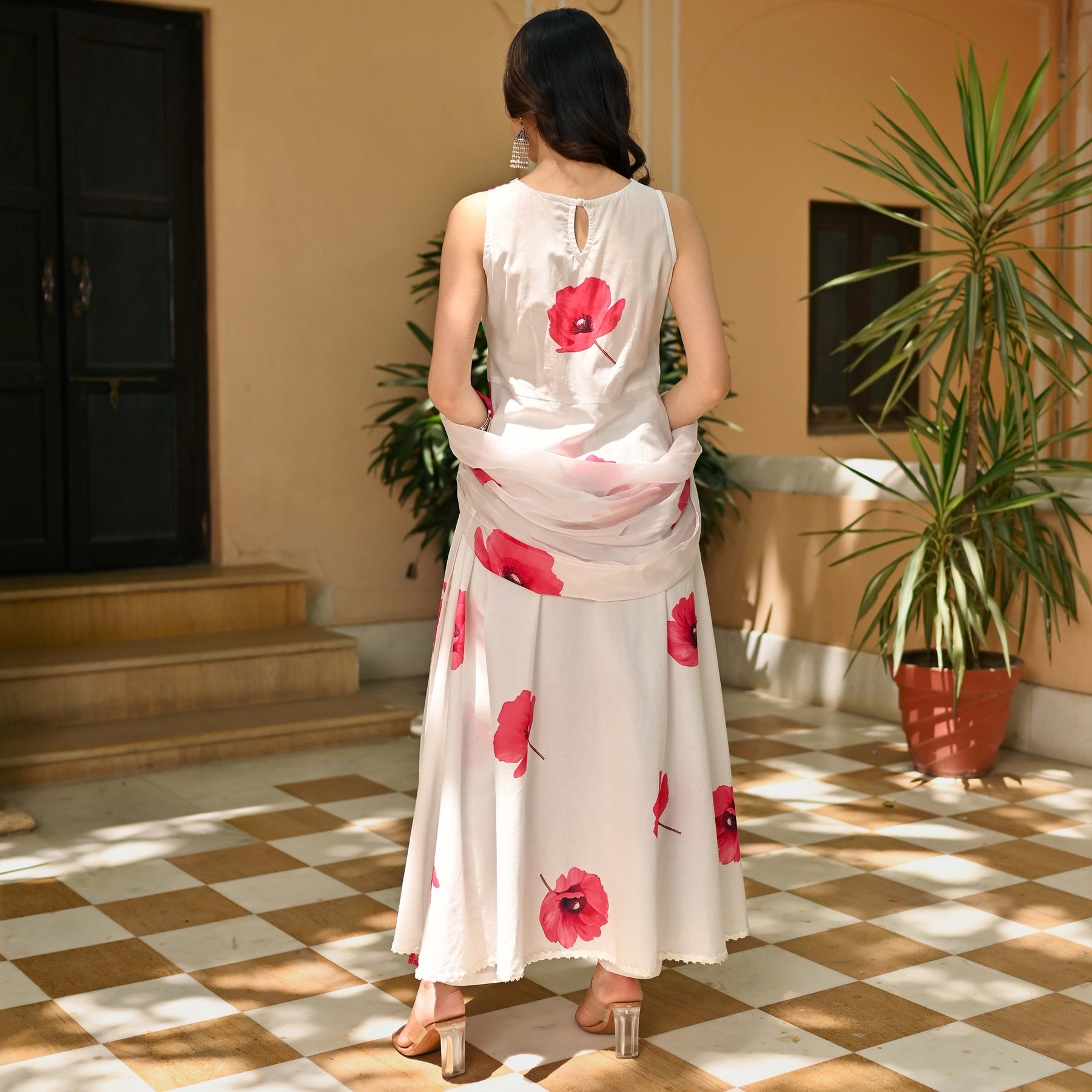 White Pink Floral Print Anarkali Set