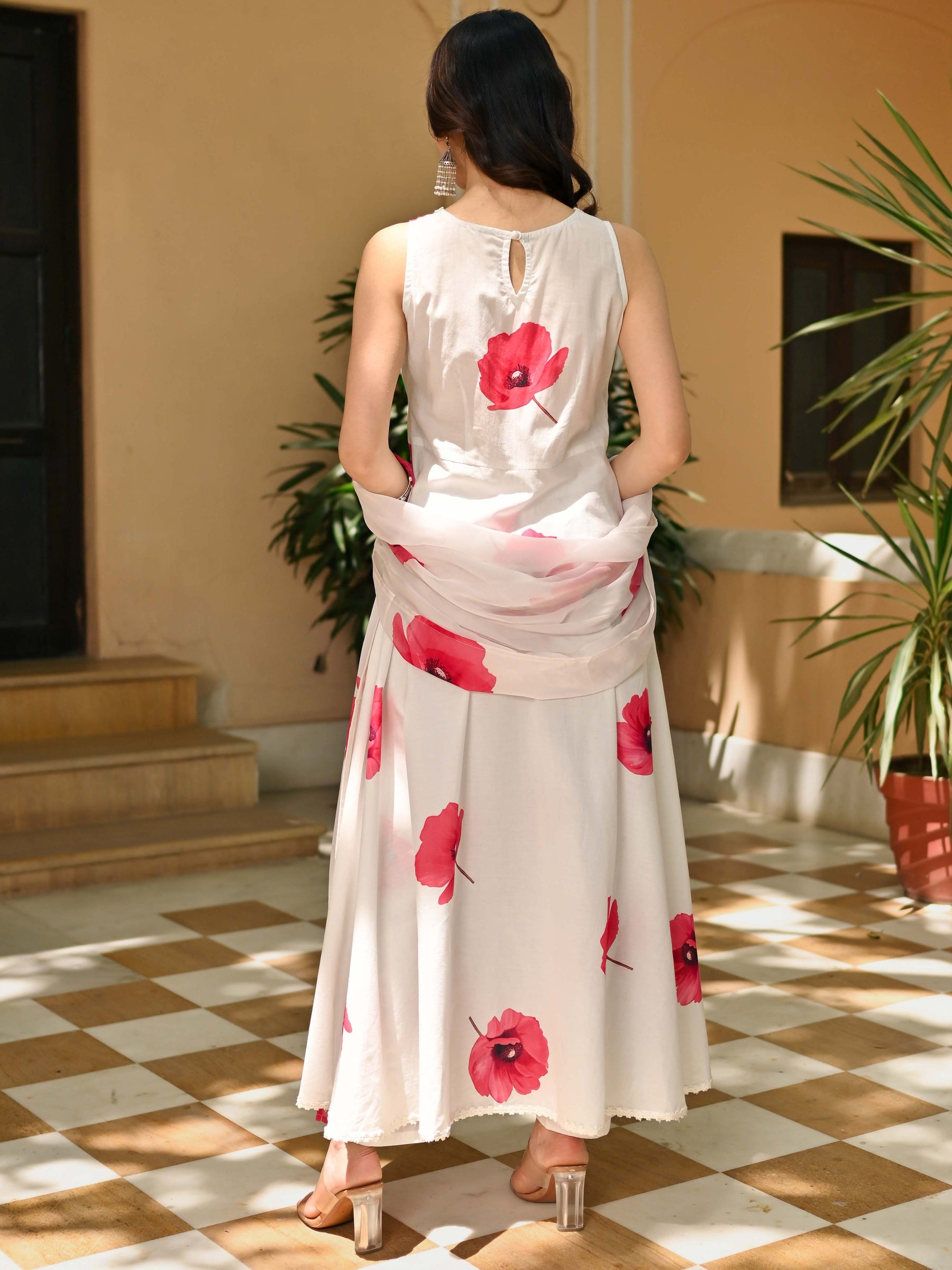 White Pink Floral Print Anarkali Set